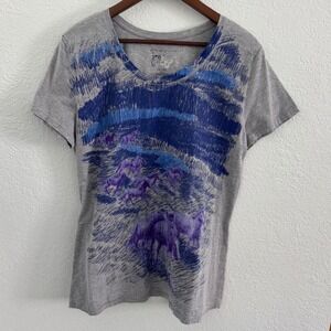 Just My Size Hanes Top Women's 1X 16W Plus Tee Grey Blue Purple Horses Glitter